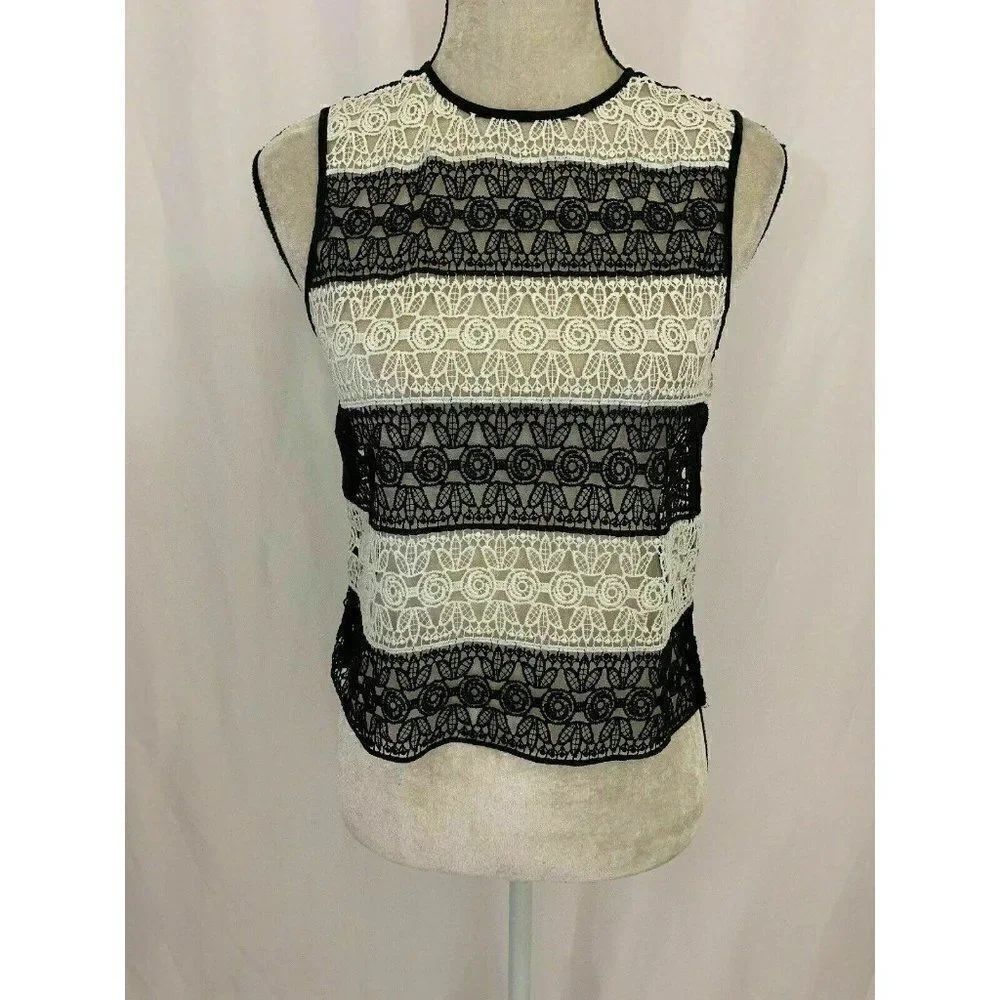 Zara Womens Black White Sheer Lace Crew Neck Tank Top Xs